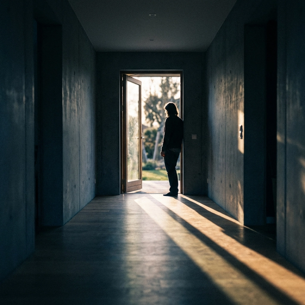 Silhouette near an open door with golden sunlight, symbolizing hope and new beginnings for abuse victims