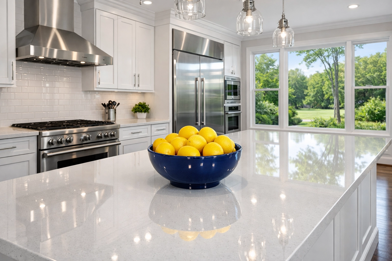 Sparkling clean kitchen with polished countertops after a weekly house cleaning Leominster service.
