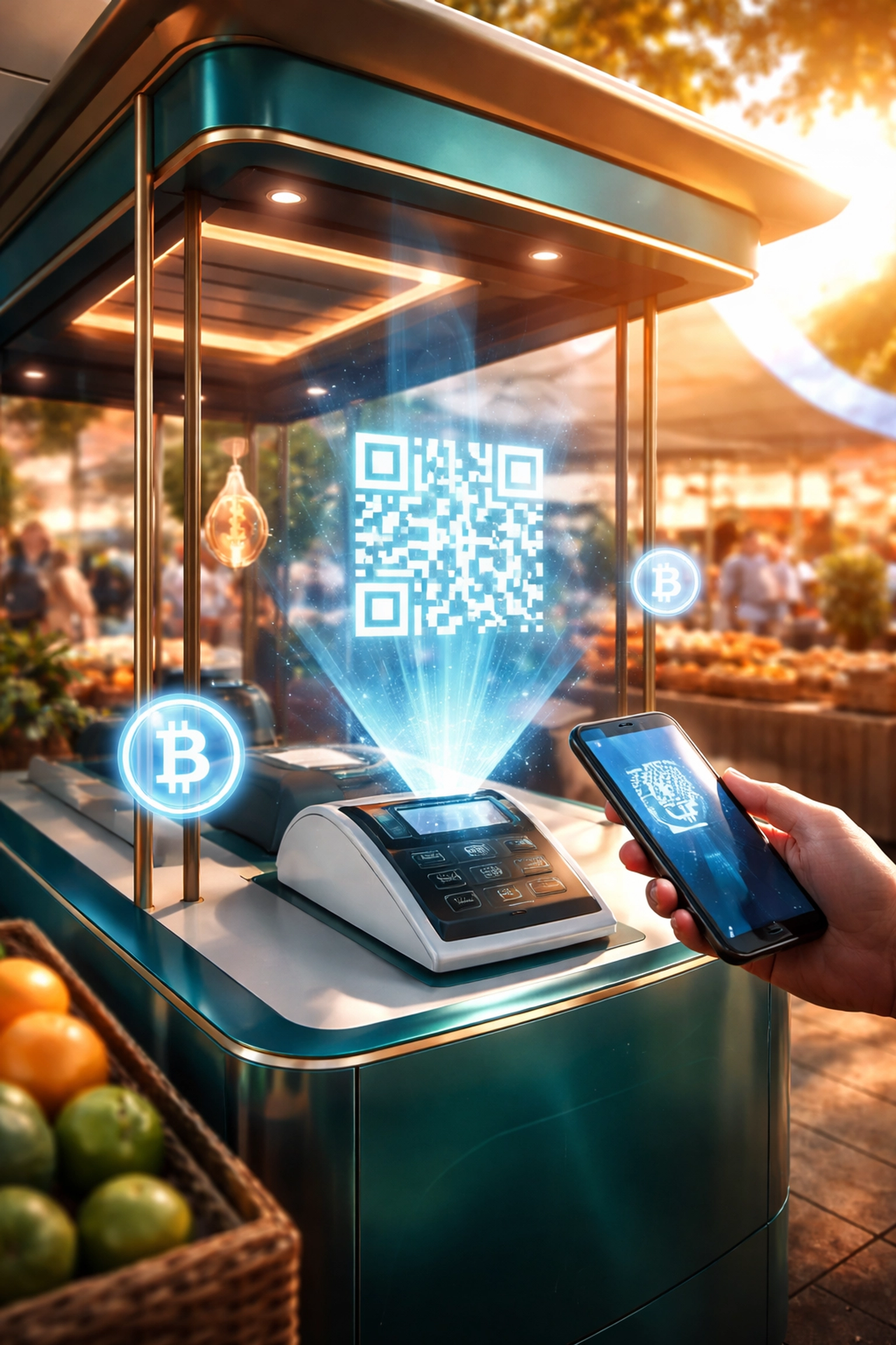 Merchant accepts crypto at a modern outdoor pop-up with QR code POS, illustrating Larecoin crypto payments in retail.