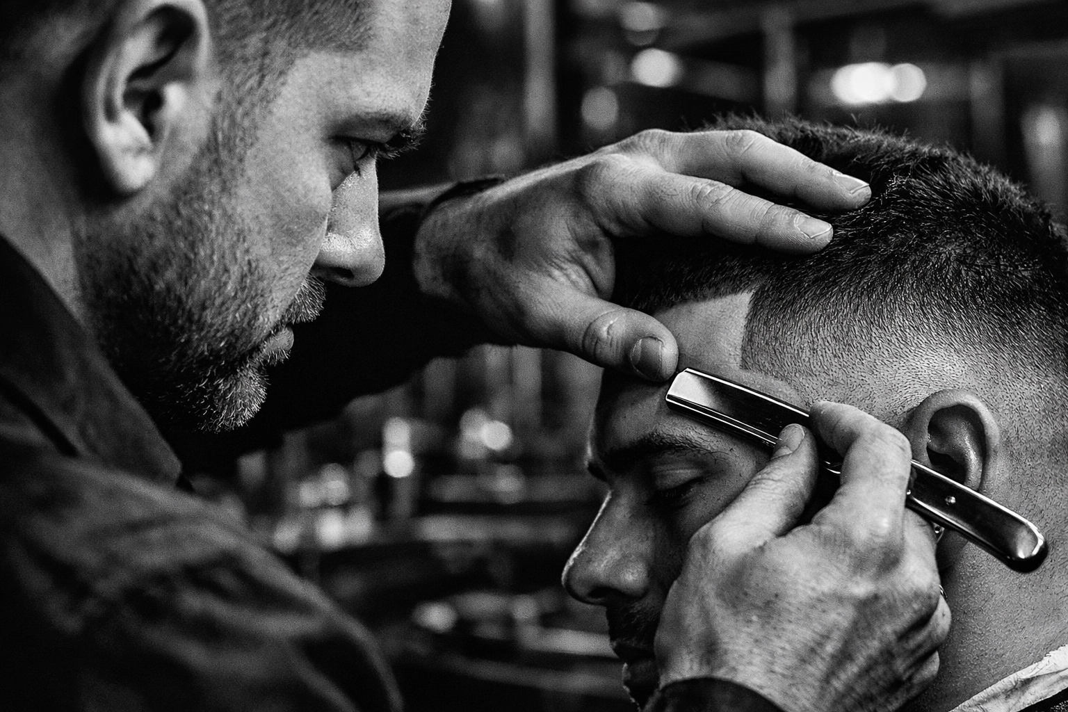 Professional barber practicing straight razor precision as part of the 1,800-hour training program.