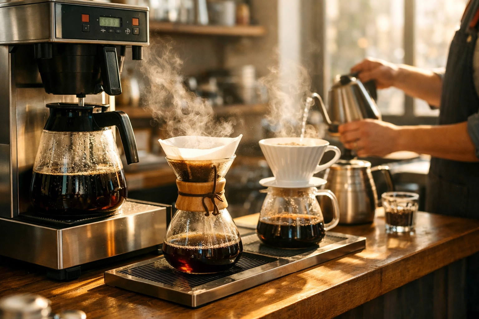 Batch brewer and manual pour-over coffee equipment in café kitchen