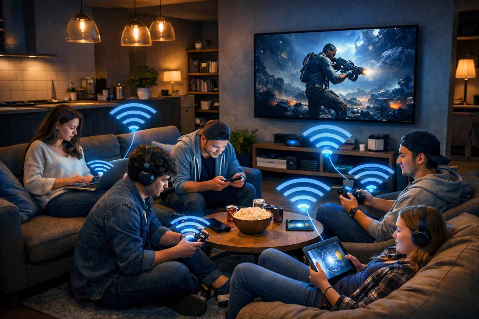 Students using laptops, phones, and gaming devices simultaneously in modern student housing common area