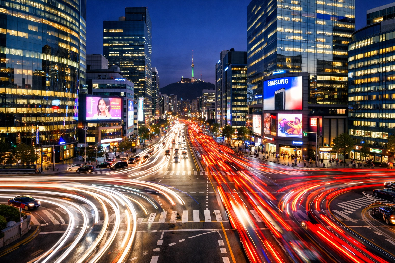 Bustling Gangnam intersection in Seoul at night, reflecting the high-speed energy of Korea Standard Time.