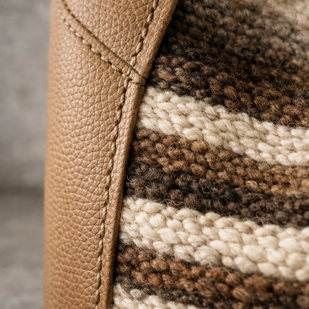 Close-up of regenerative leather and Arhuaco indigenous weaving, showcasing sustainable artisanal craftsmanship.