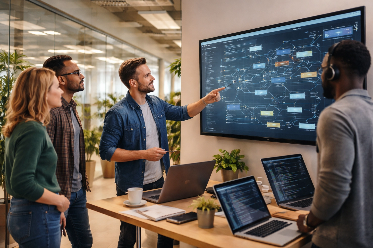 Diverse IT team discussing ServiceNow IntegrationHub-ETL workflows on a flowchart monitor in a modern office.