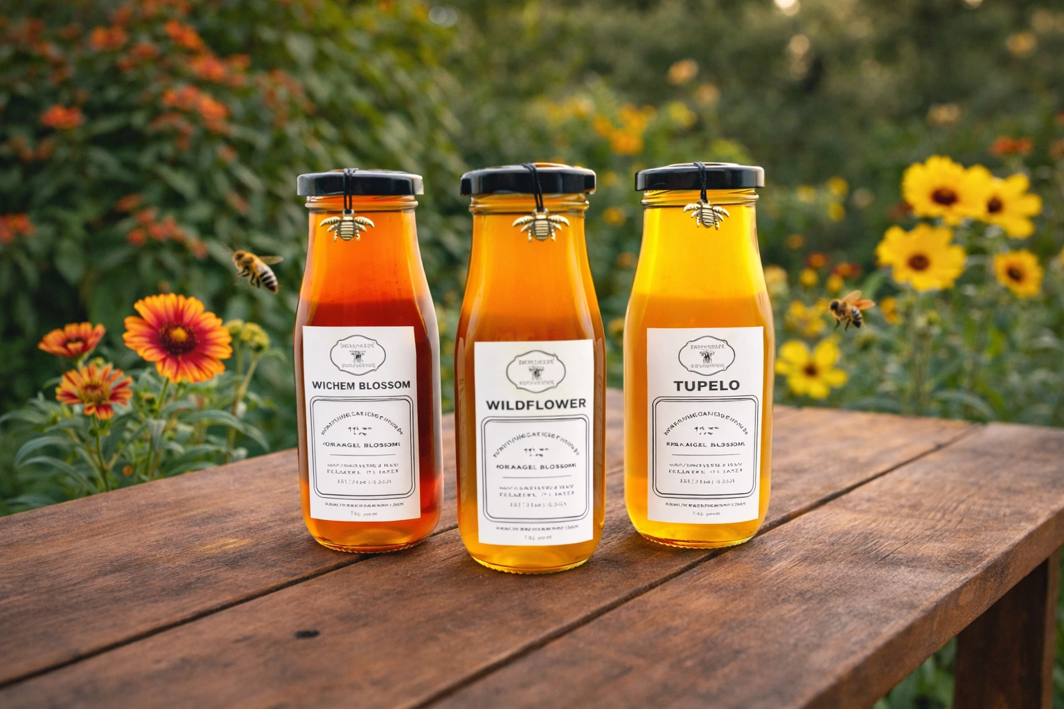 Honey bee flying toward native Florida wildflowers in a green backyard, supporting wildflower honey production.