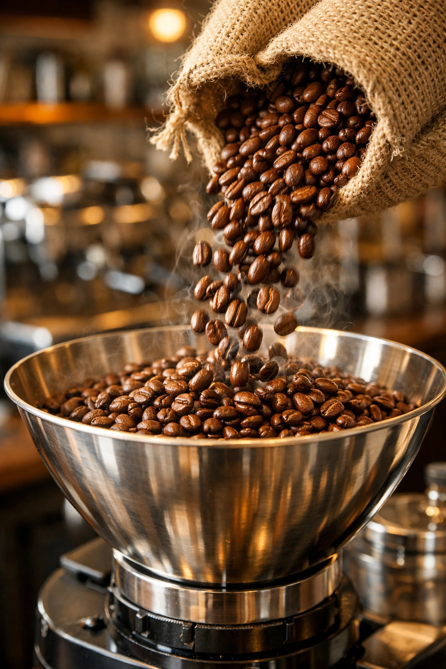 Freshly roasted specialty coffee beans being poured into commercial grinder at cafe