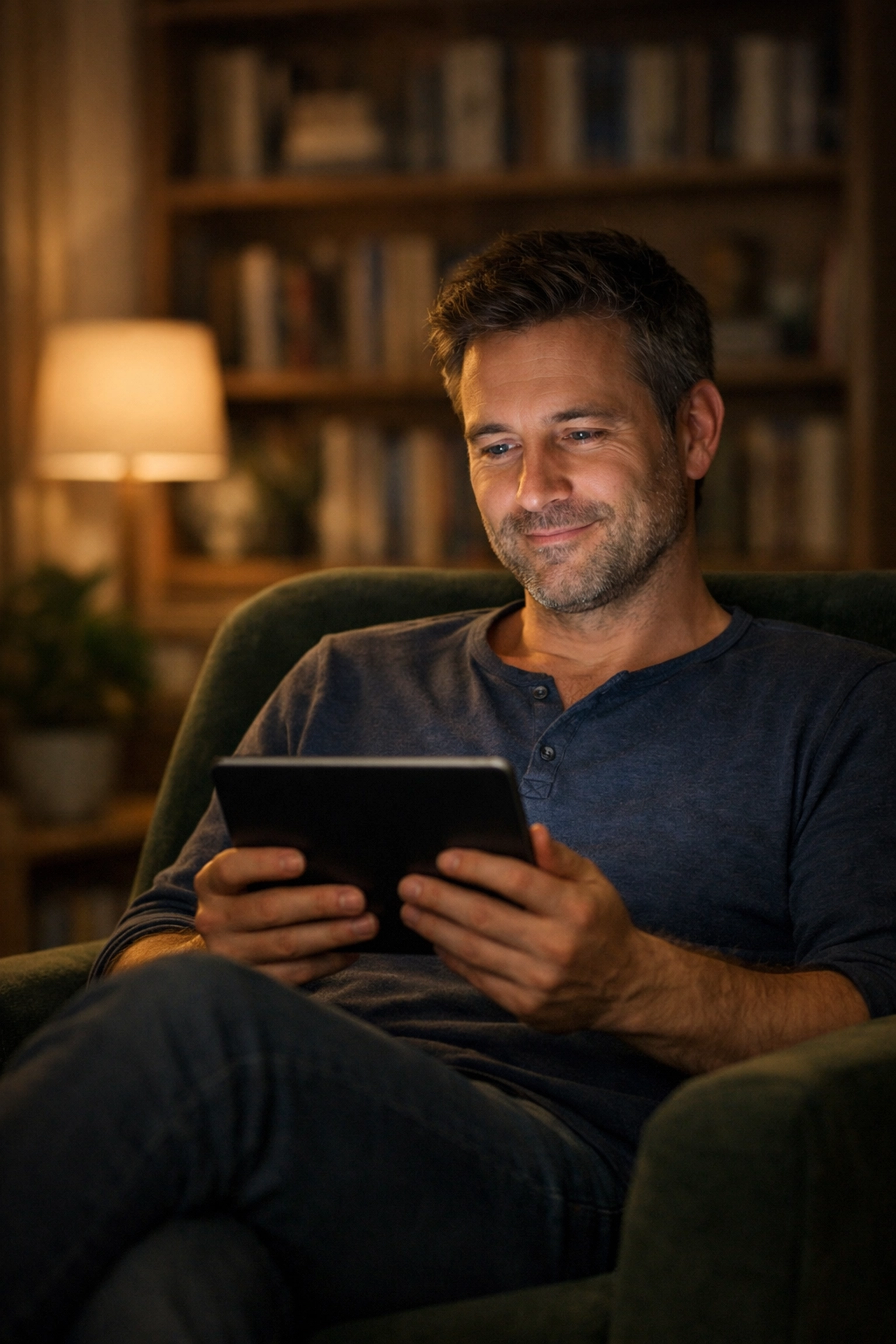 Férfi táblagéppel a kezében veszi igénybe az online tanácsadást a merevedési zavar megoldására.