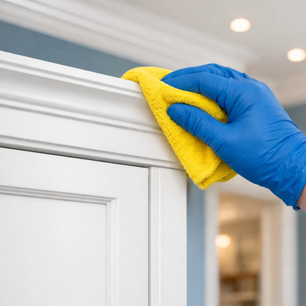 Ninja cleaners wiping dust from door frames during detailed post construction cleaning in Milford.