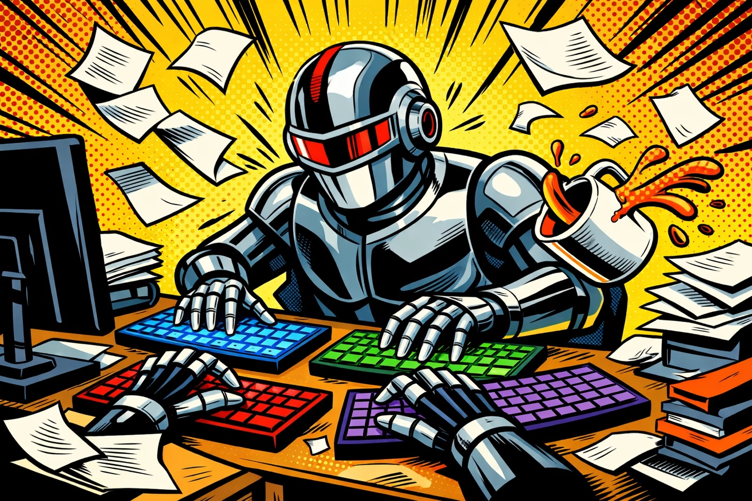 Comic book robot typing at a messy desk, illustrating the risks of over-automating business tasks without oversight.