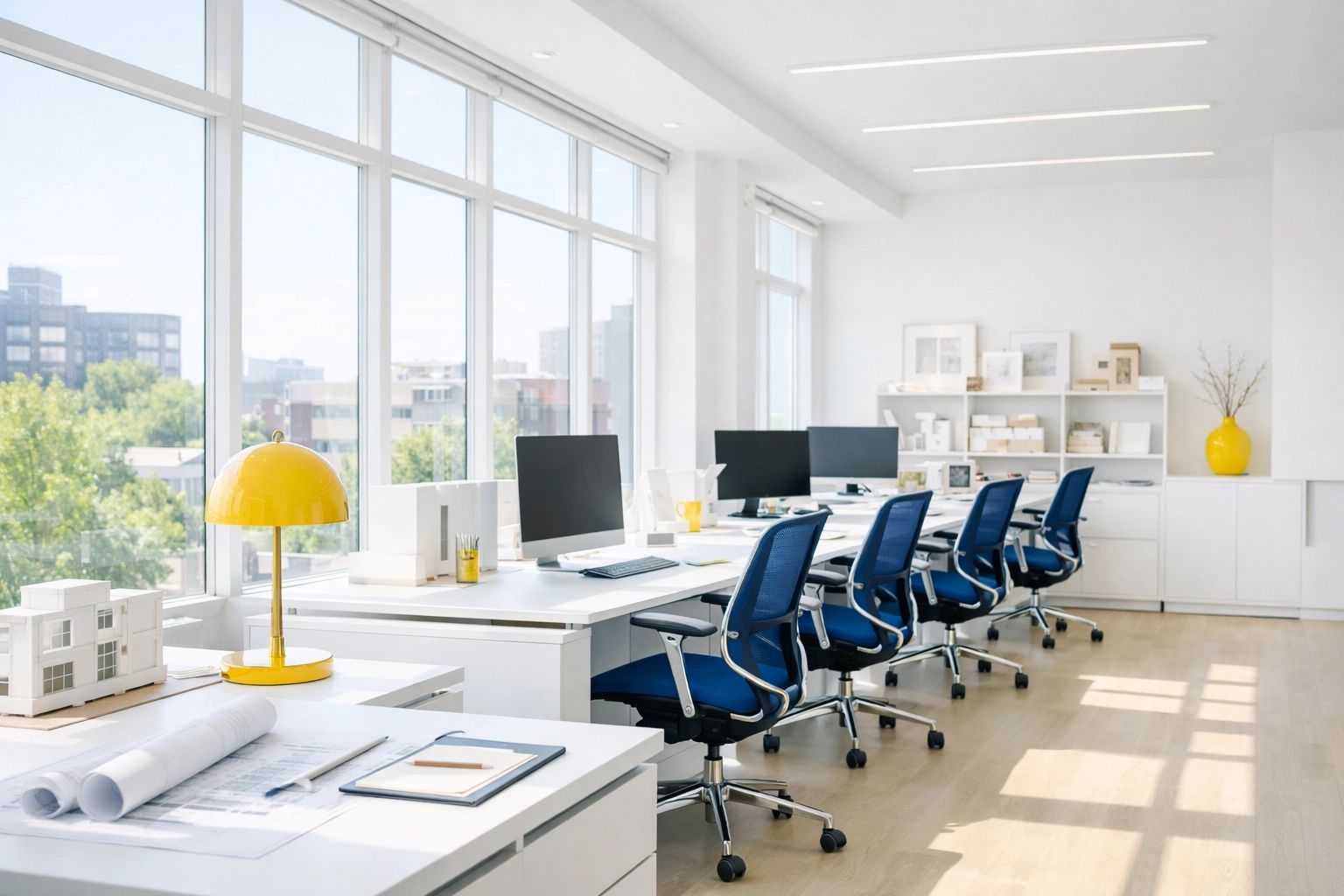 Clean and organized modern architecture studio in Somerville with minimalist white desks and natural lighting.
