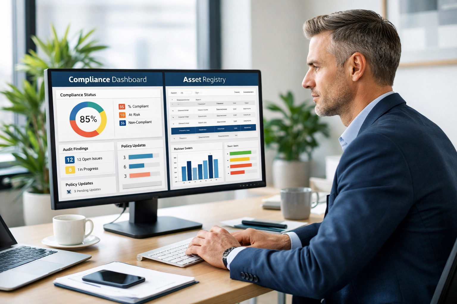 Business professional monitoring DORA compliance dashboards in ServiceNow ITAM system