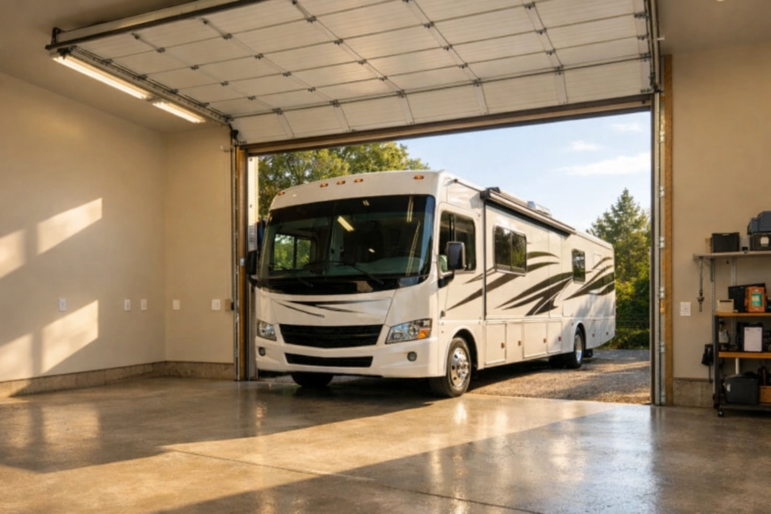 Modern RV garage with tall door and Class A motorhome parked inside Boise home Modern RV garage with tall door and Class A motorhome parked inside Boise home
