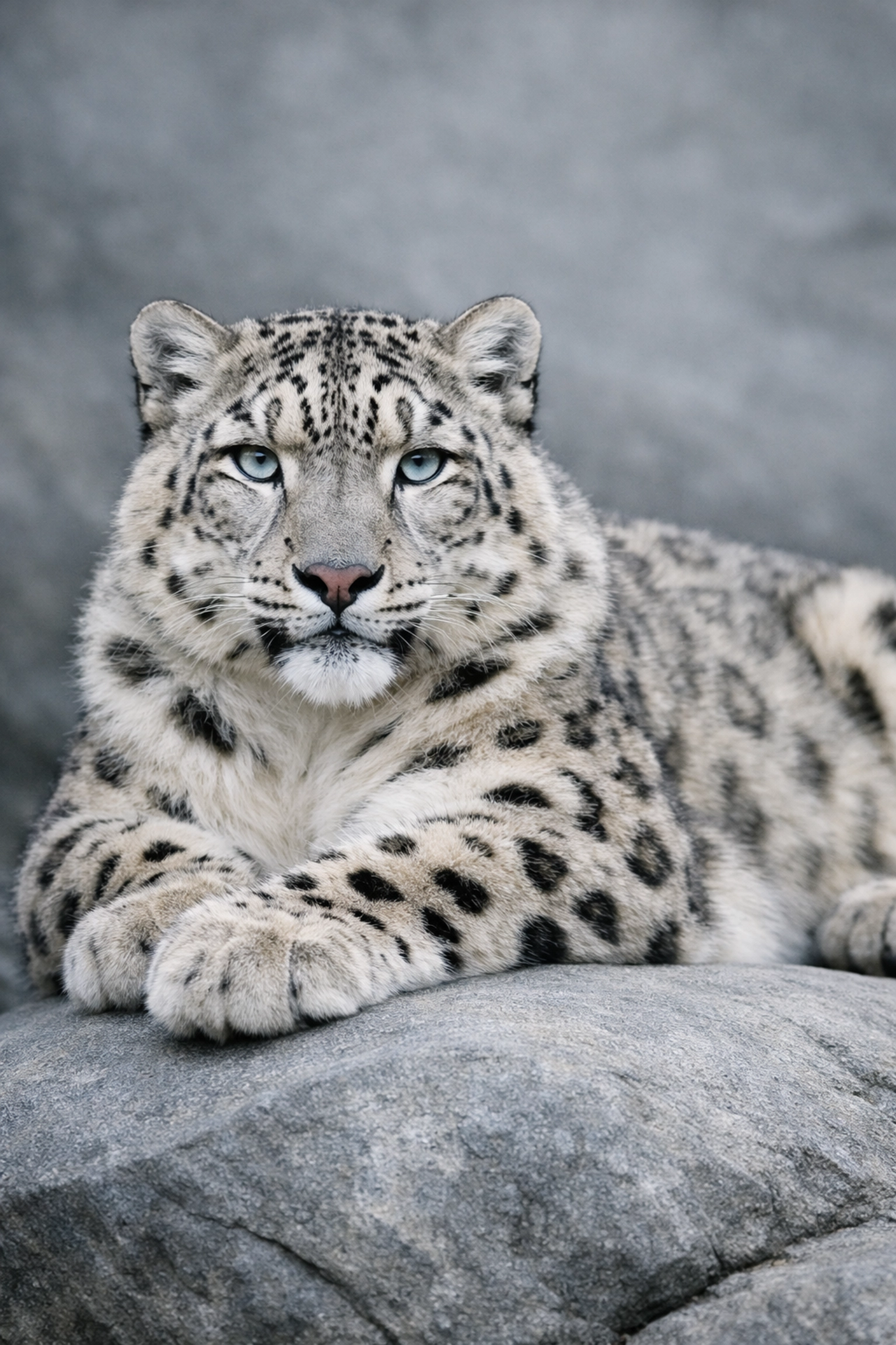 Professional snow leopard photo on grey rocks, demonstrating high-end digital media for zoo marketing.