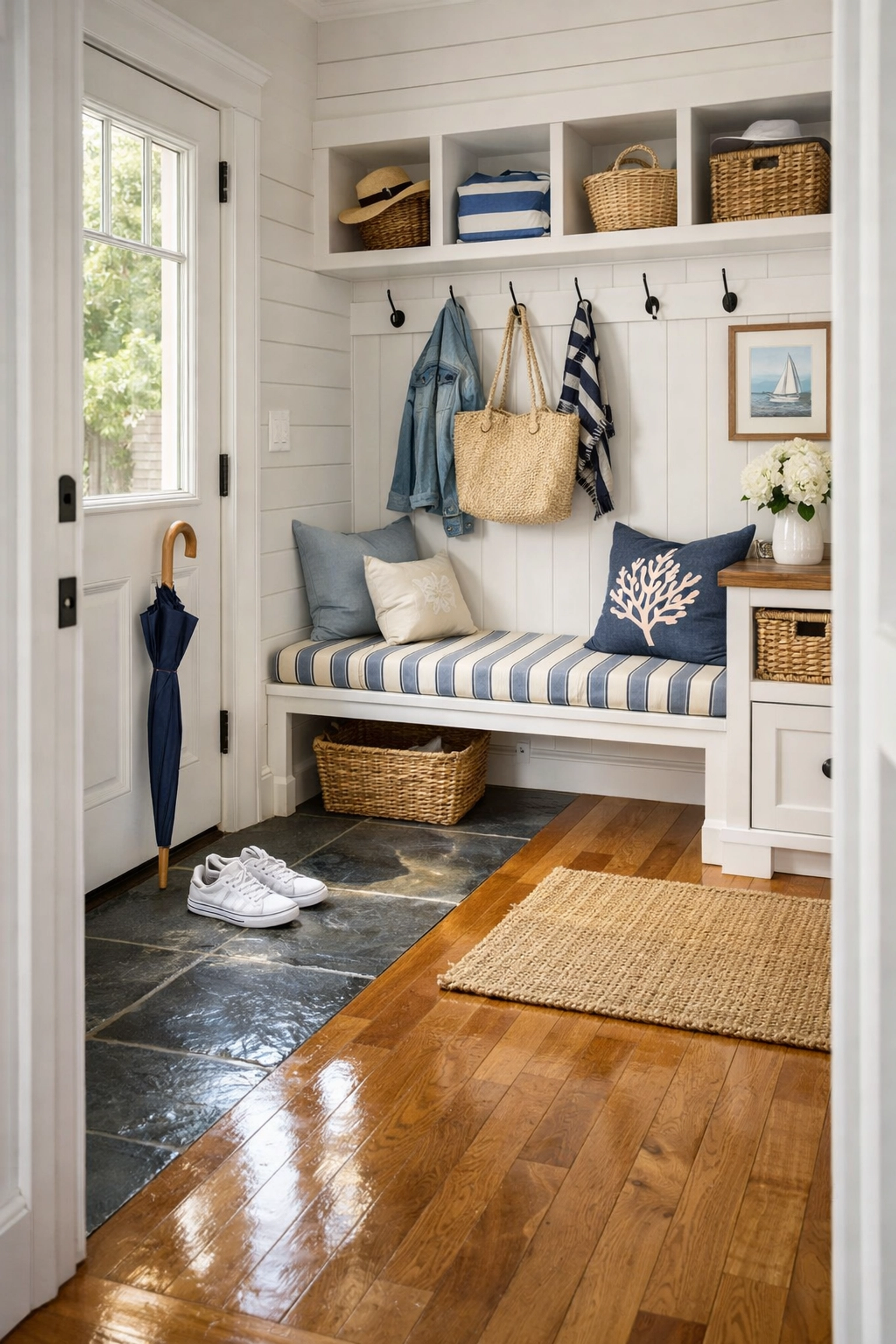 Glistening hardwood entryway in a Natick home showcasing local house cleaning Natick MA expertise.
