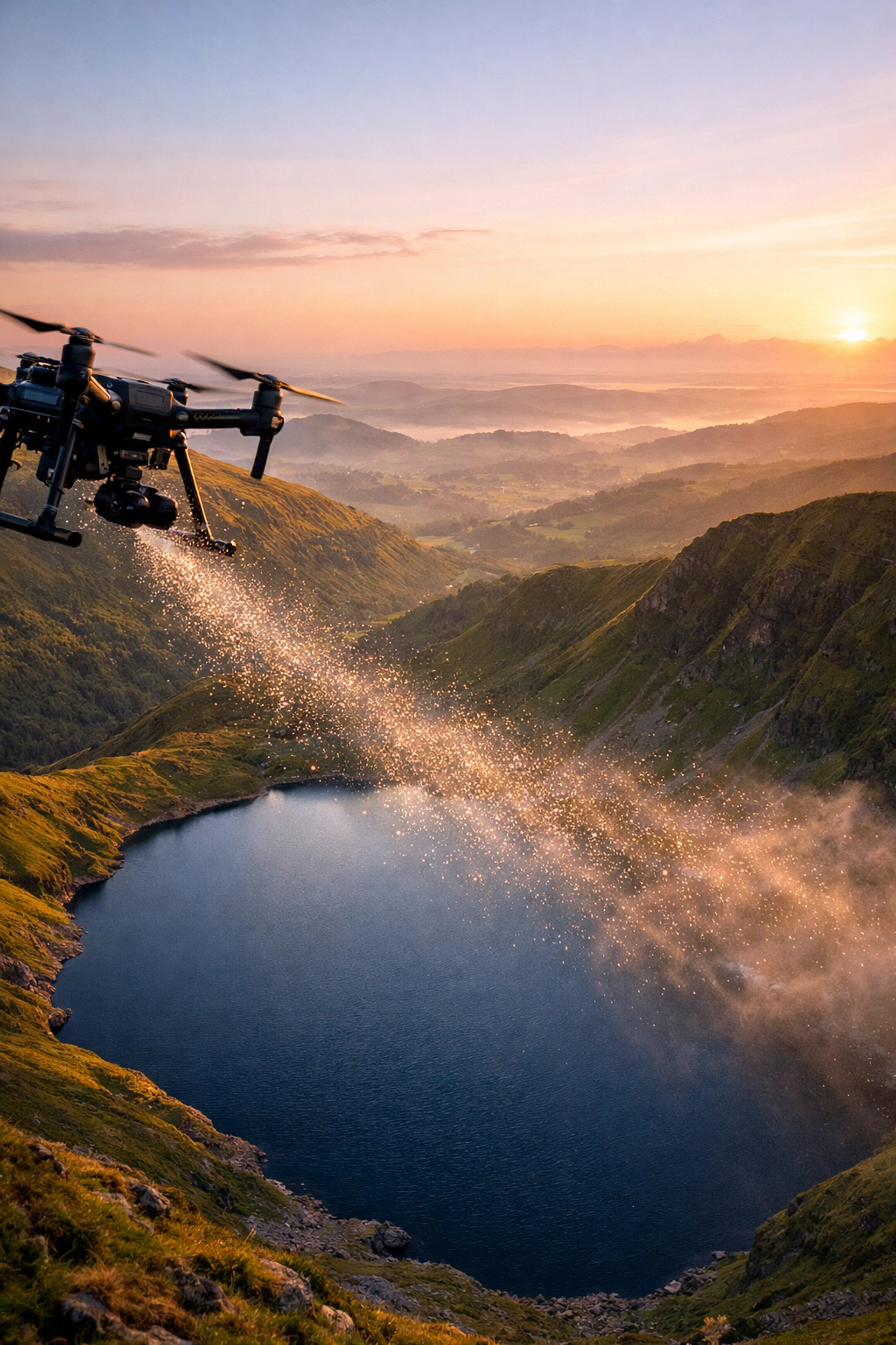 Drone scattering ashes over a serene mountain lake in the Brecon Beacons at sunrise.