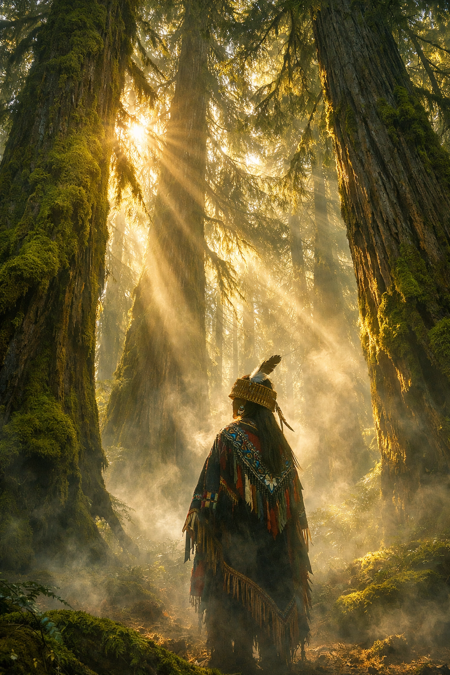 Two-Spirit Indigenous person in sacred cedar forest of Pacific Northwest amid misty ancient trees