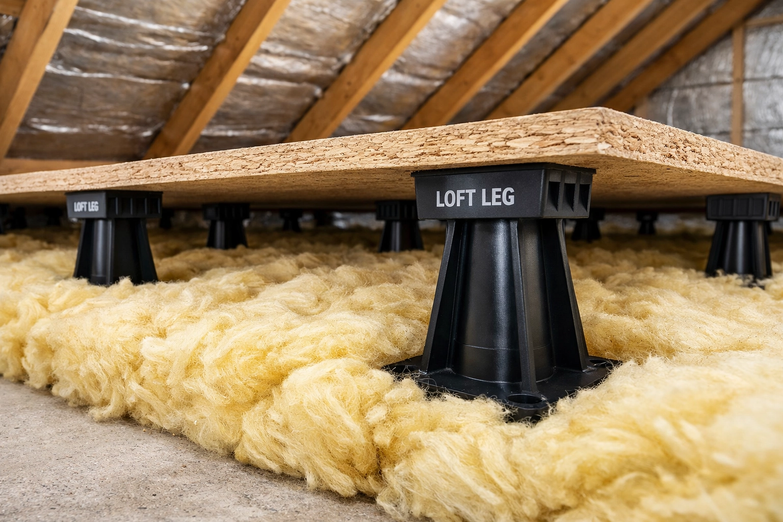 Loft leg system creating raised attic storage space without compressing energy-efficient insulation.