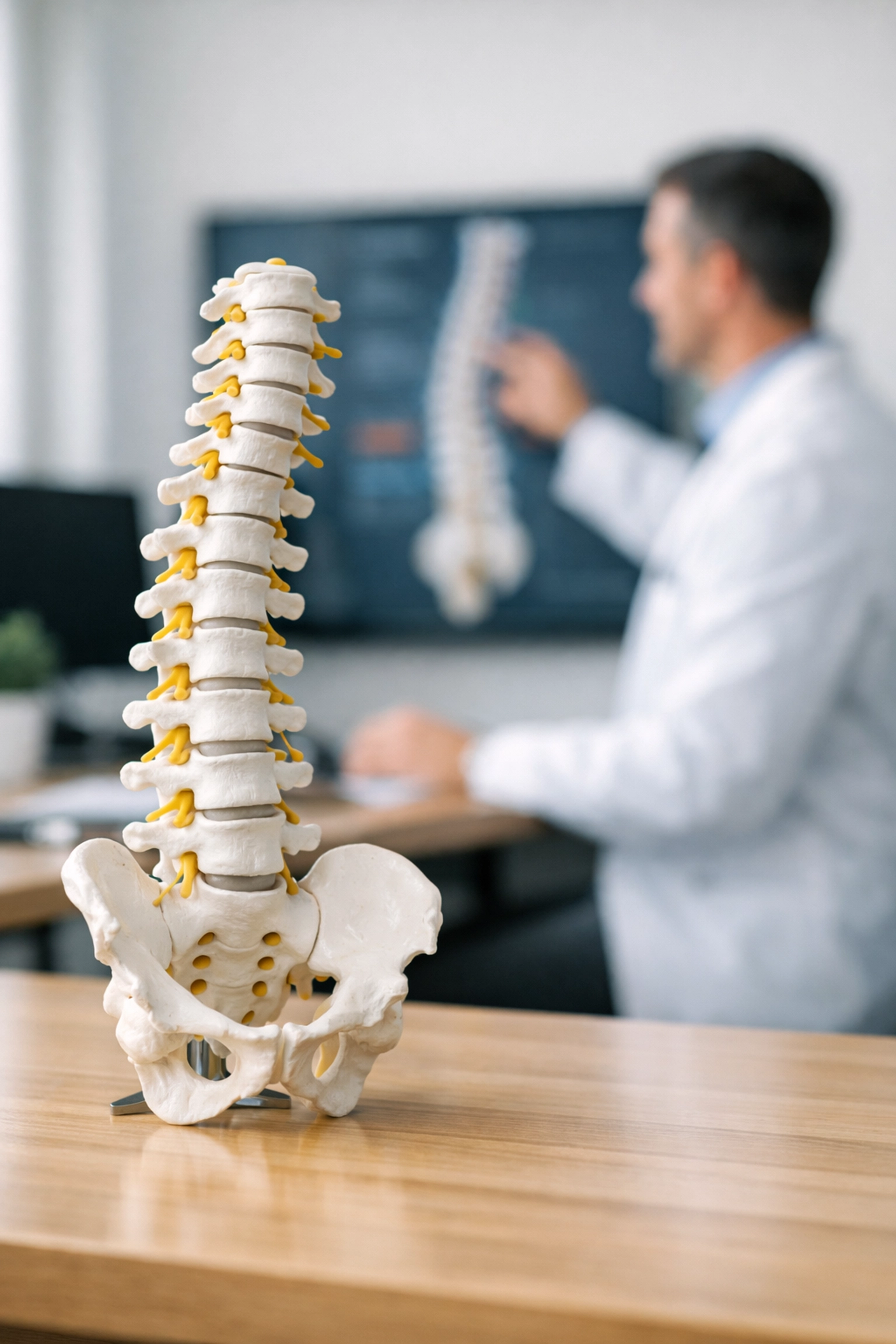 A chiropractor explaining spinal health with an anatomical model to build practice expertise and online authority.