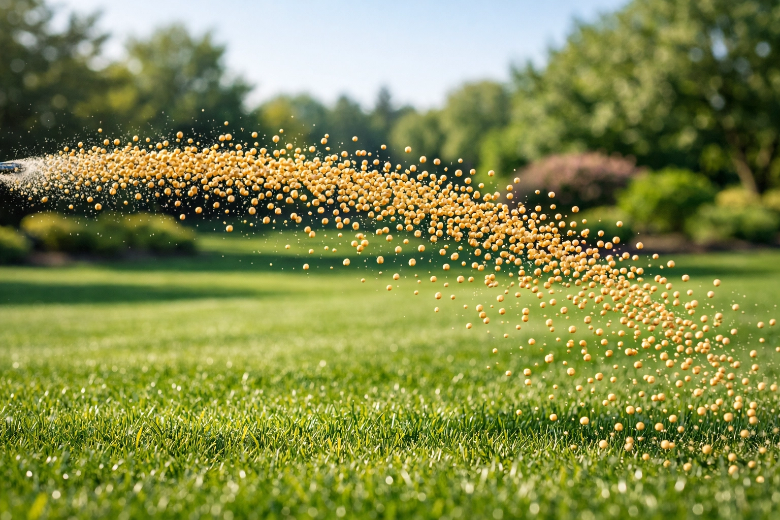 Professional application of fertilizer granules to a manicured lawn for optimal soil nutrient health.