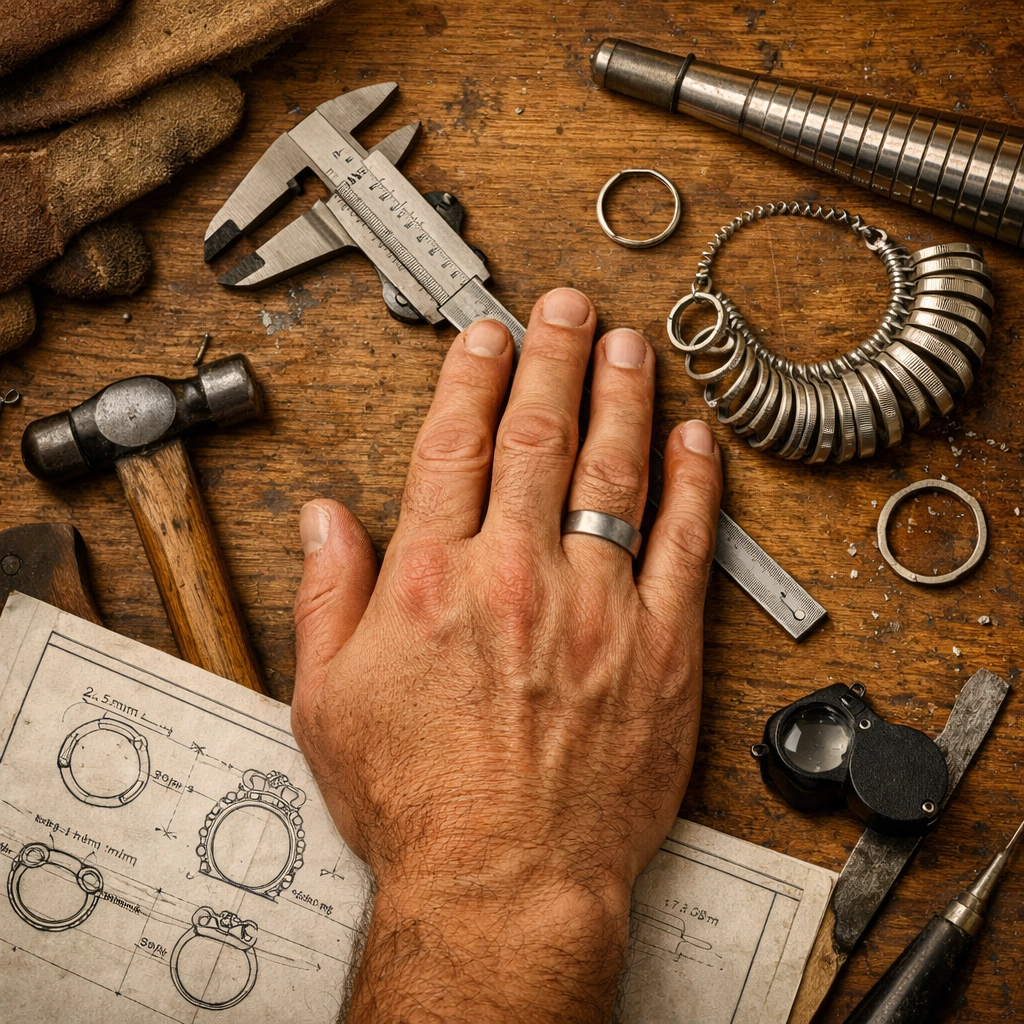 Professional ring sizing tools and a brushed metal band on a workbench for a perfect, safe work fit.