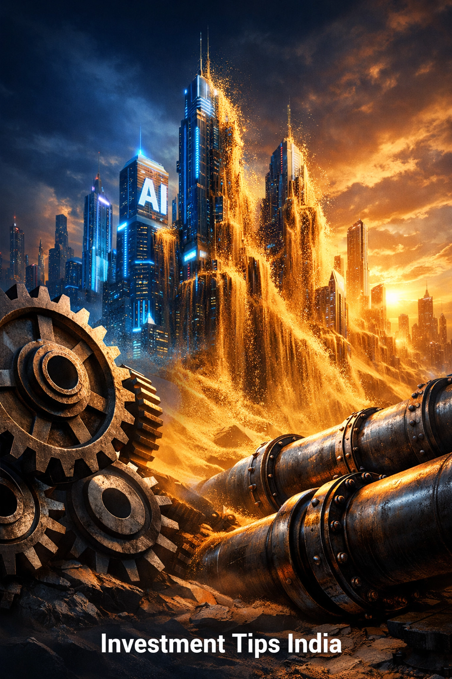 Industrial gears and oil pipes shielding assets, illustrating key investment tips India for 2026 market hedging.