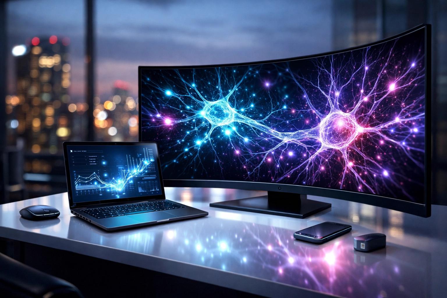 Moderner Arbeitsplatz mit KI-Datenanalyse zur Förderung der KI-Literacy im beruflichen Alltag.