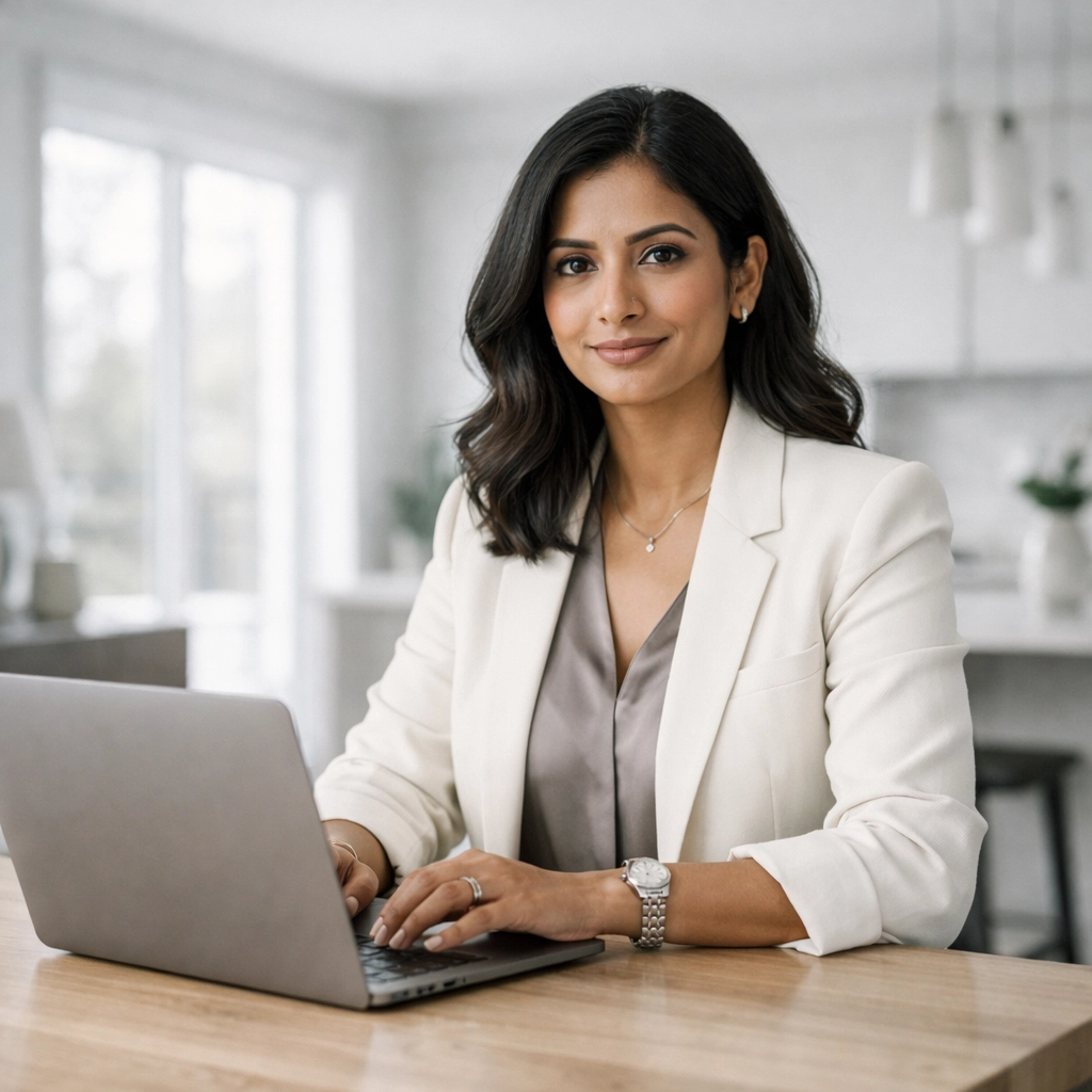 Canadian woman entrepreneur using a laptop at home, symbolizing a HELOC safety net for business owners.