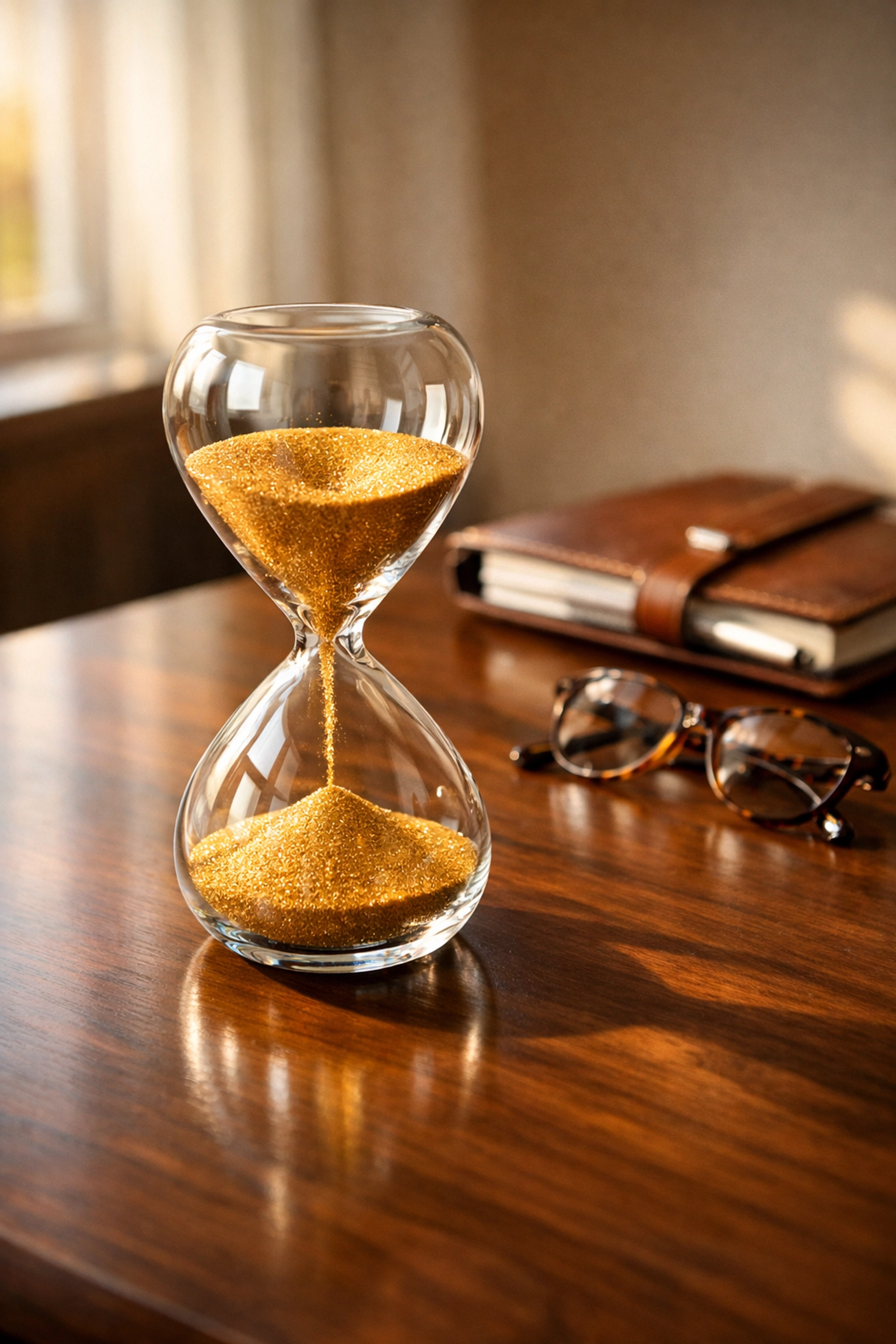 An hourglass on a desk symbolizing the waiting period managed by a divorce lawyer in Indiana.