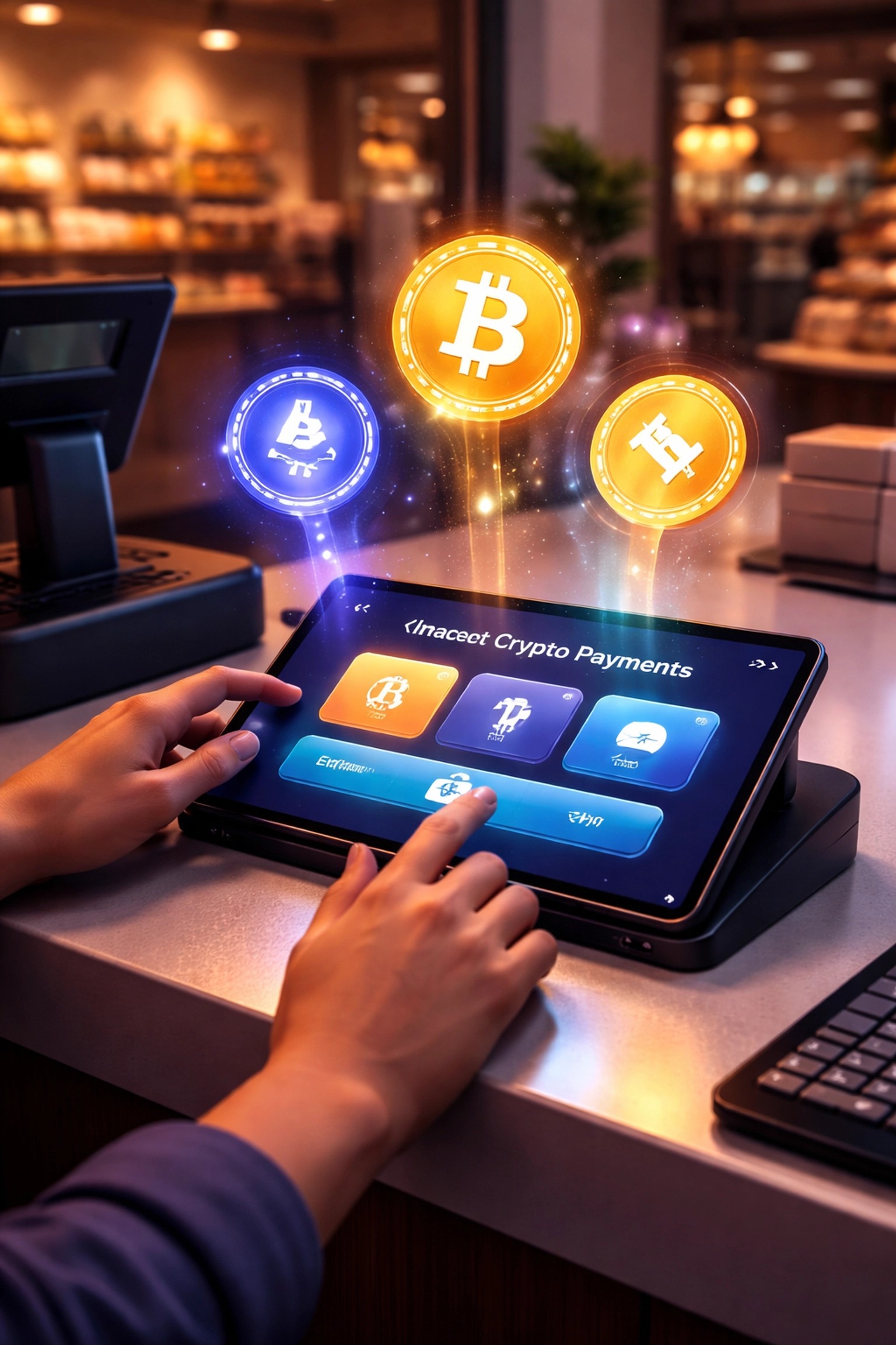 Retail checkout showcasing crypto POS payment options for small businesses using digital wallets and cryptocurrencies