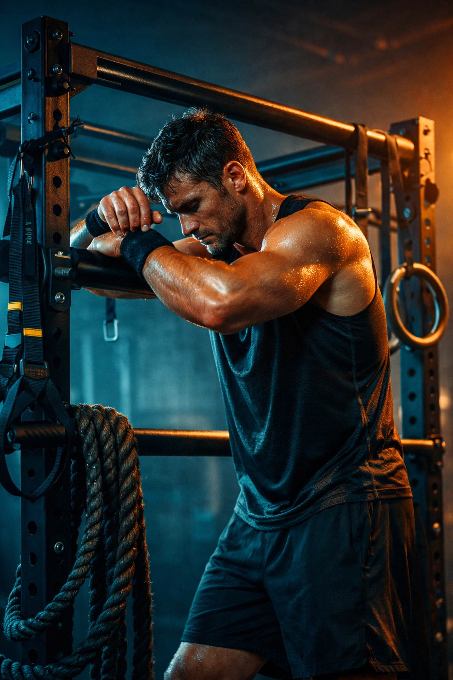 Elite athlete resting by a Resistance Rail equipped with fitness straps and rings for bodyweight training.