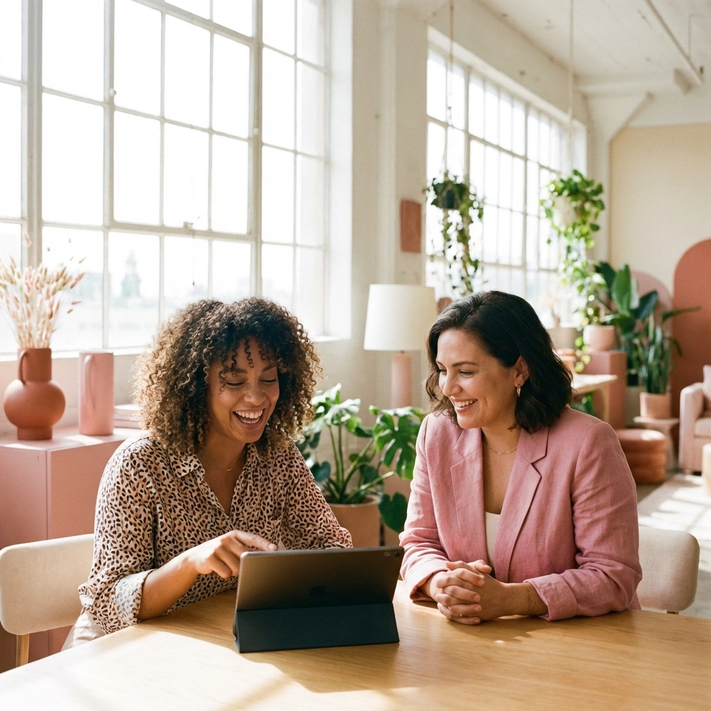Two women collaborating in a sunlit office, showing teamwork and the importance of responding to customer feedback with a human approach.