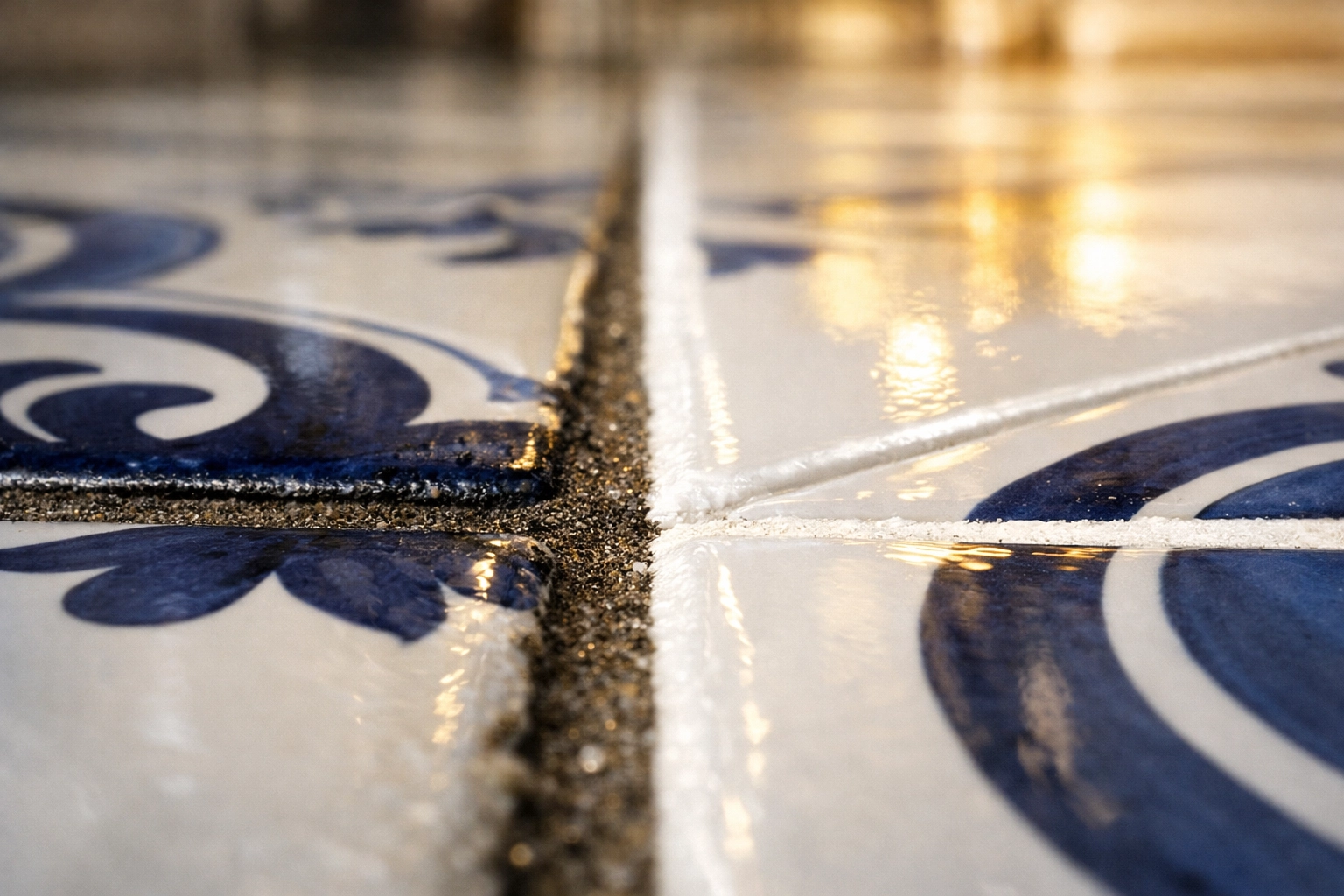 Comparison of dirty grout and clean white grout lines on a kitchen floor after a professional deep cleaning.