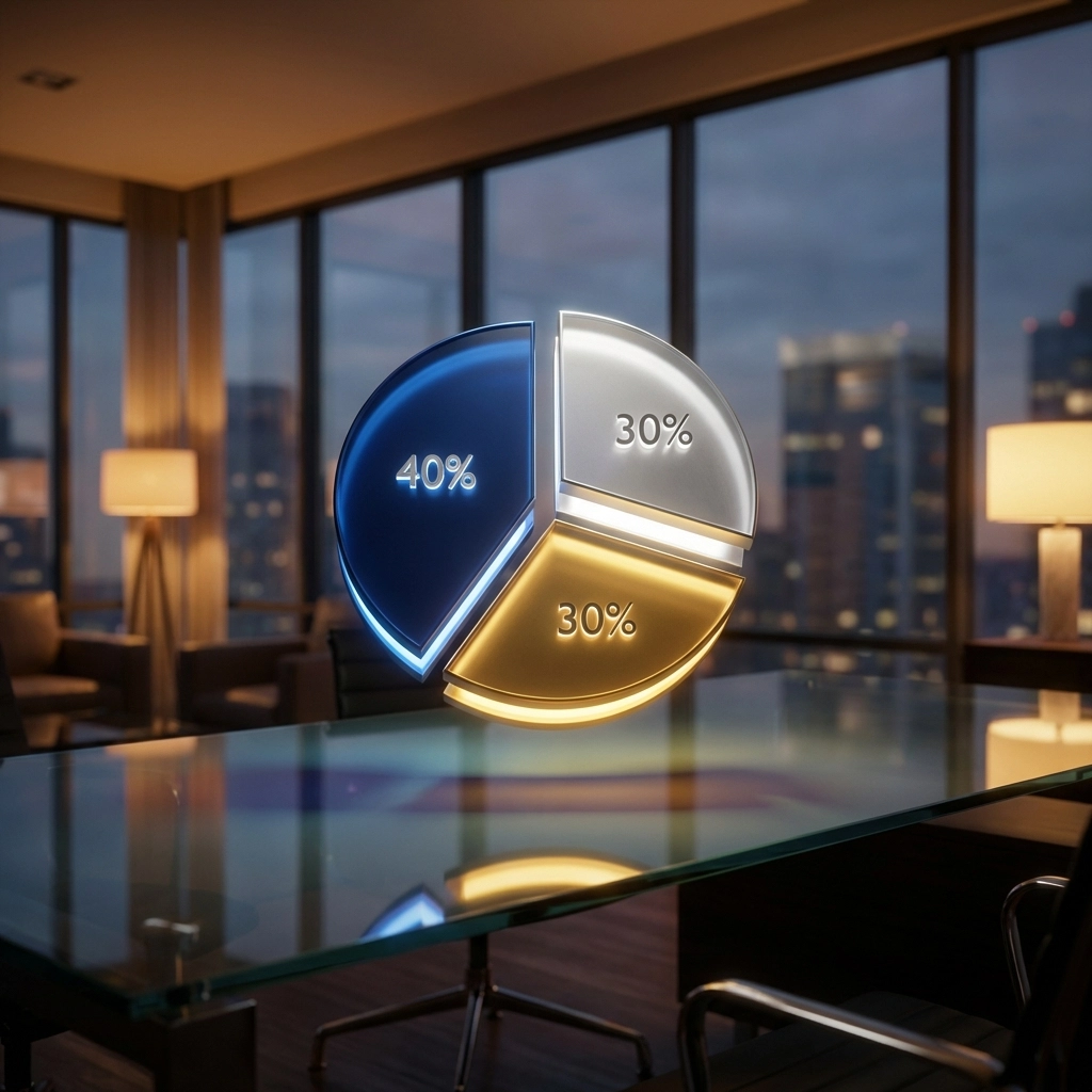 Pie chart illustrating the 40/30/30 portfolio allocation for accredited investors in a modern office setting
