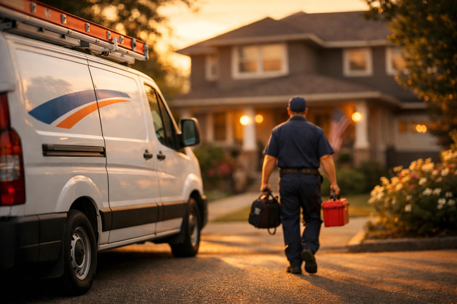 Garage door service technician arriving at customer home with professional service truck