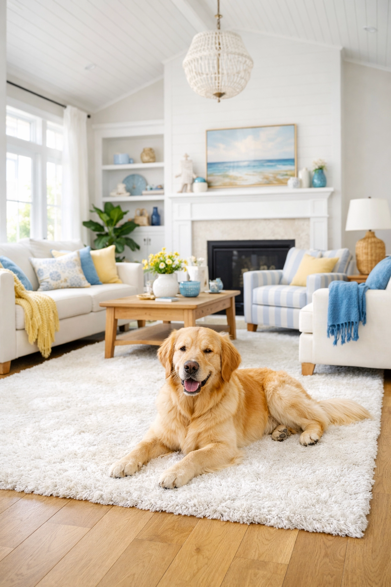Spotless living room with dog, showing the impact of weekly house cleaning services.
