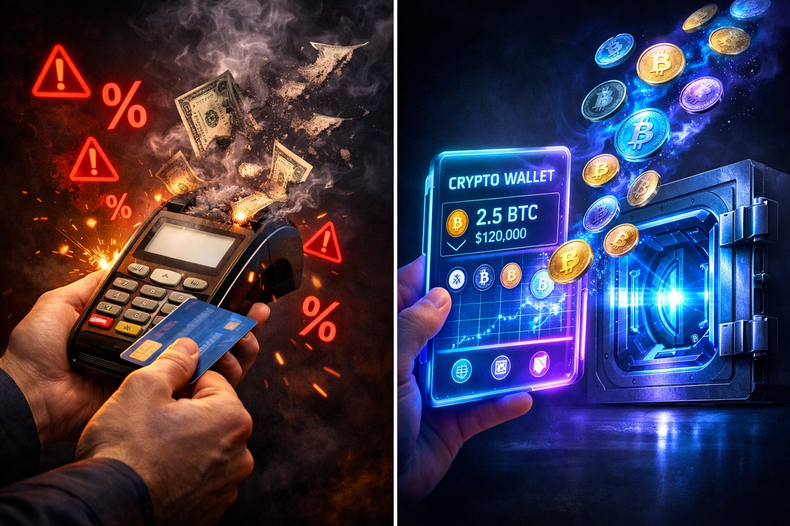 Traditional credit card terminal vs Web3 crypto wallet comparing merchant payment processing fees