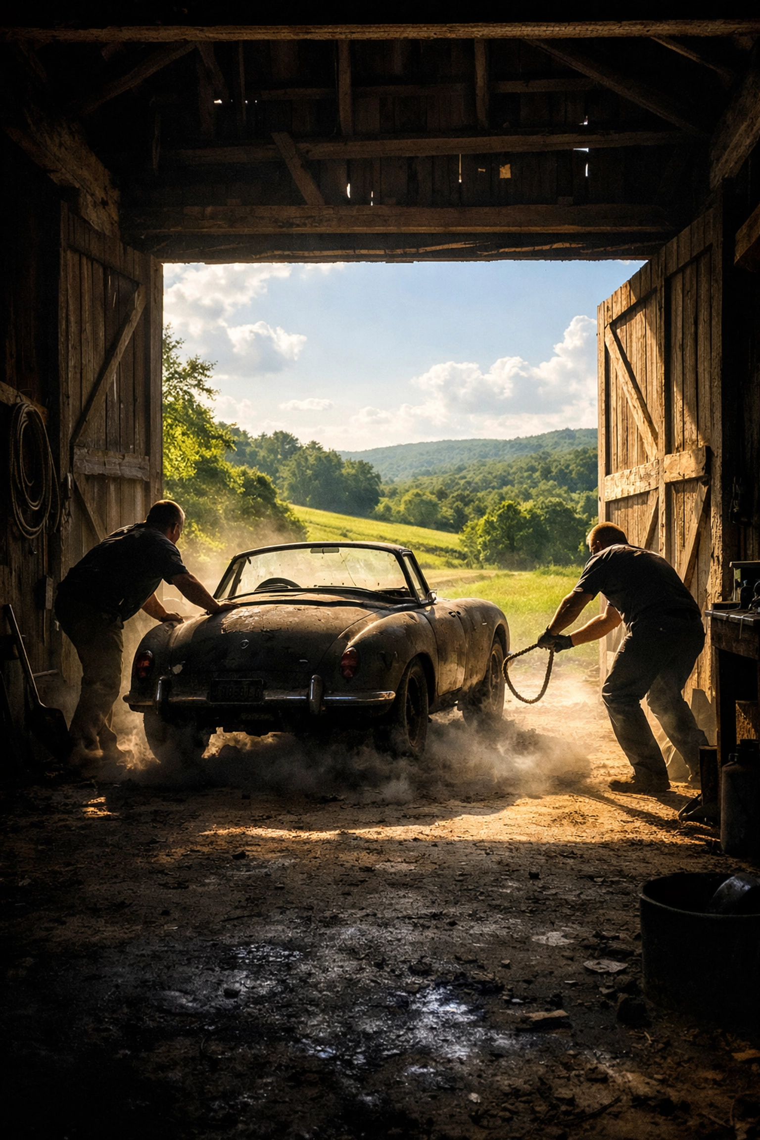 Vintage European roadster pulled from a dark barn into the Litchfield sunlight, a rare CT barn find.