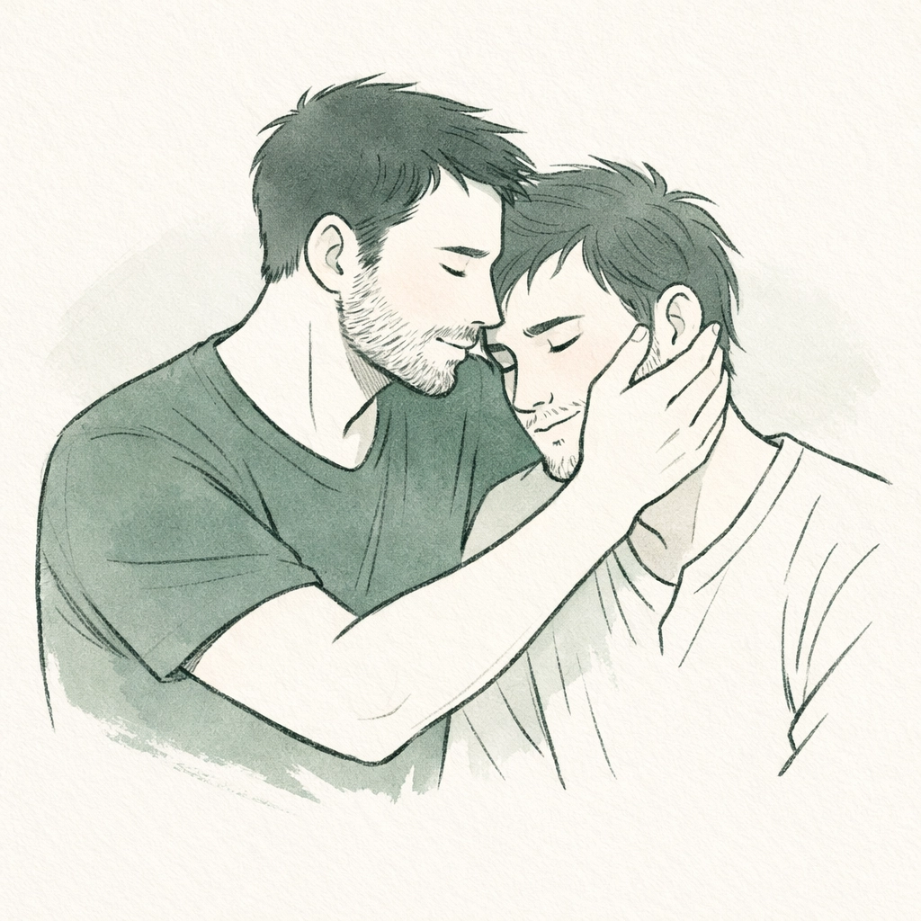 Tender illustration of a gay couple embracing, highlighting self-compassion and mental wellness for queer men.