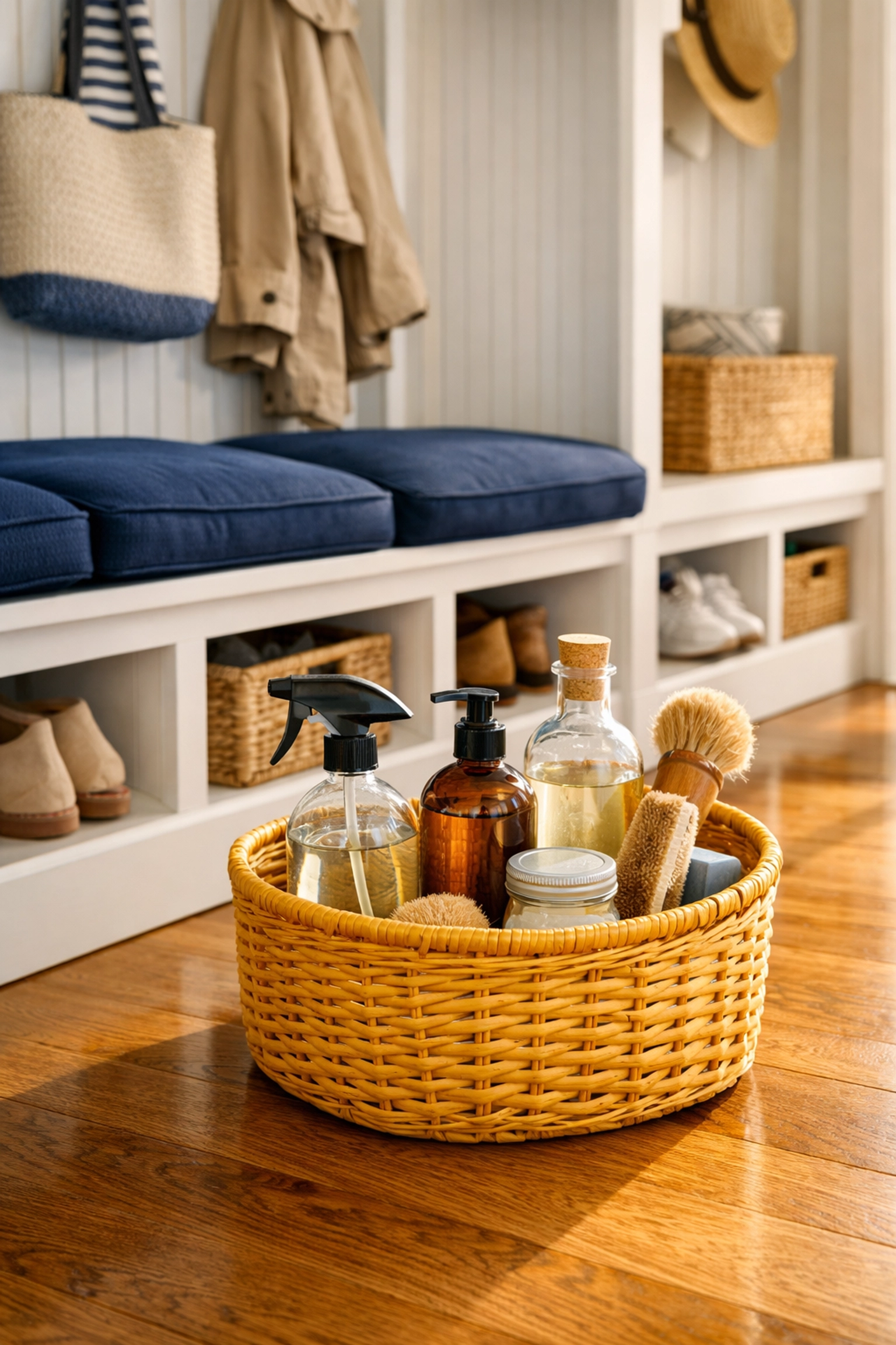 Organized mudroom with eco-friendly cleaning supplies and spotless floors, showcasing expert house cleaning Lowell MA.