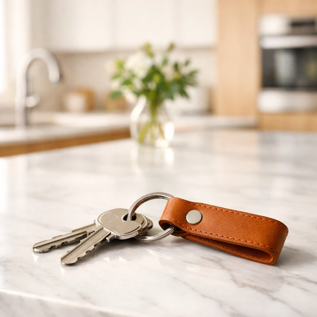 New house keys on a marble kitchen island, representing a successful home purchase and moving day in 2026.