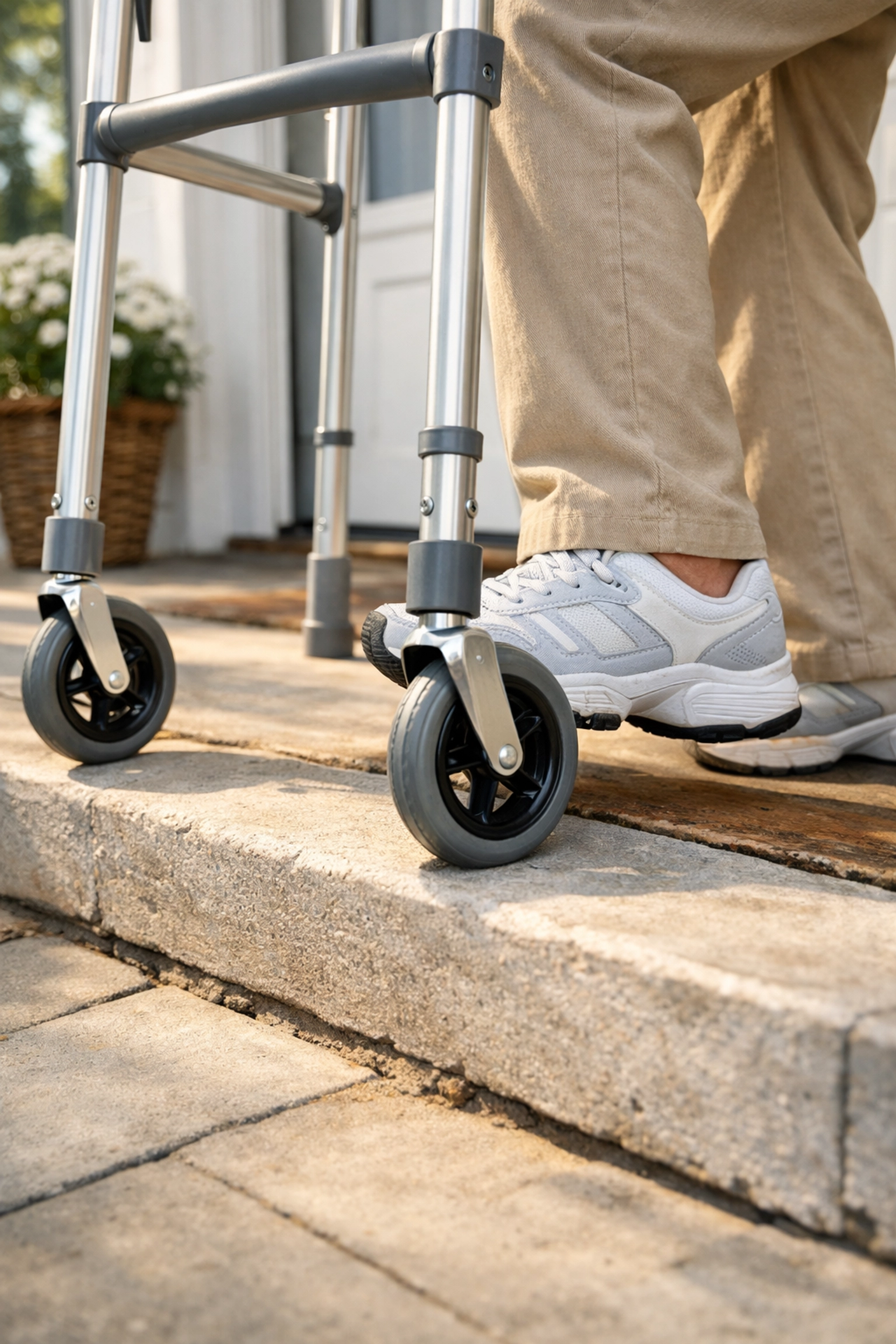 Close-up of a walker being used correctly to navigate an outdoor curb with stable foot placement.