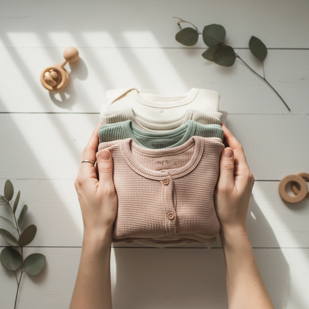 Hands hold folded baby clothes in beige, green, and cream on a white wooden table. Sunlight casts shadows; eucalyptus leaves nearby.