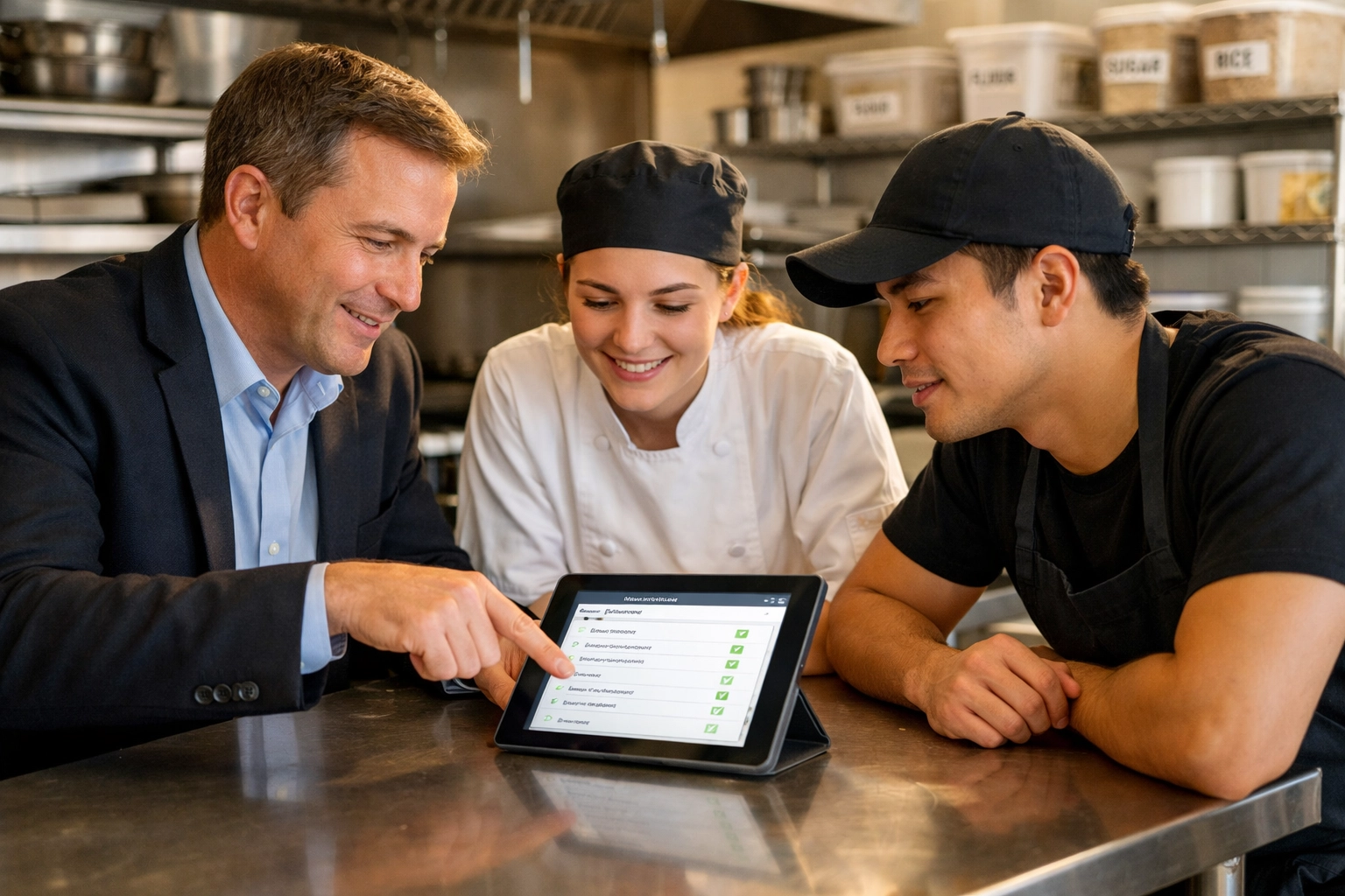 Restaurant team reviewing digital training manual and SOP procedures in professional kitchen
