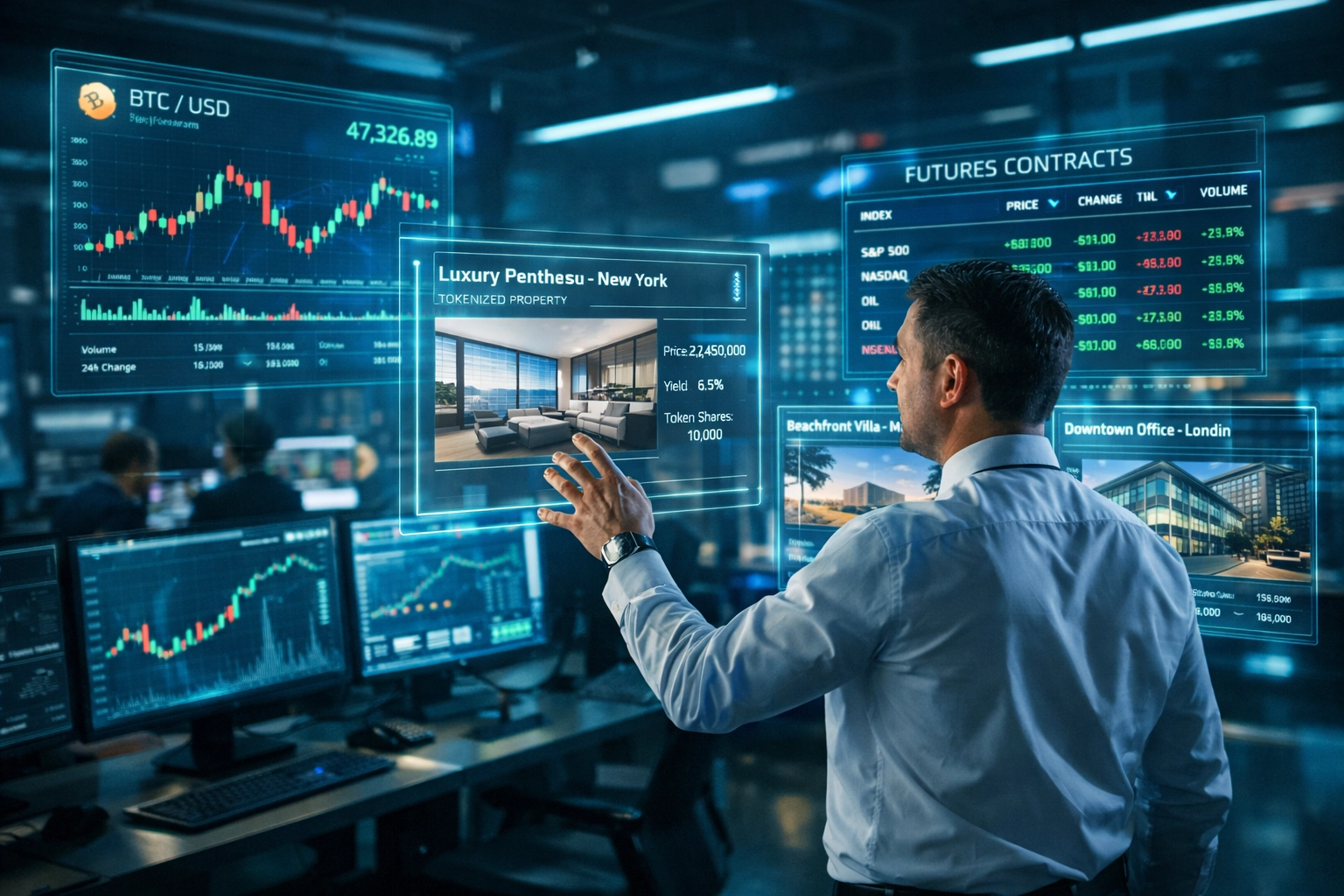 Institutional trading floor displaying cryptocurrency charts and tokenized real estate data on holographic screens