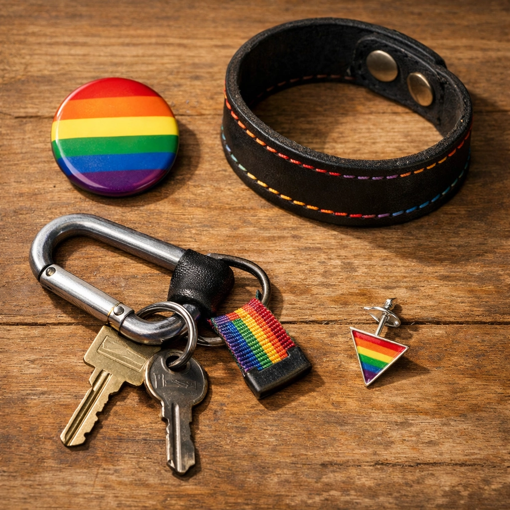 Rainbow pride pin, leather bracelet, and LGBTQ+ accessories arranged as identity markers