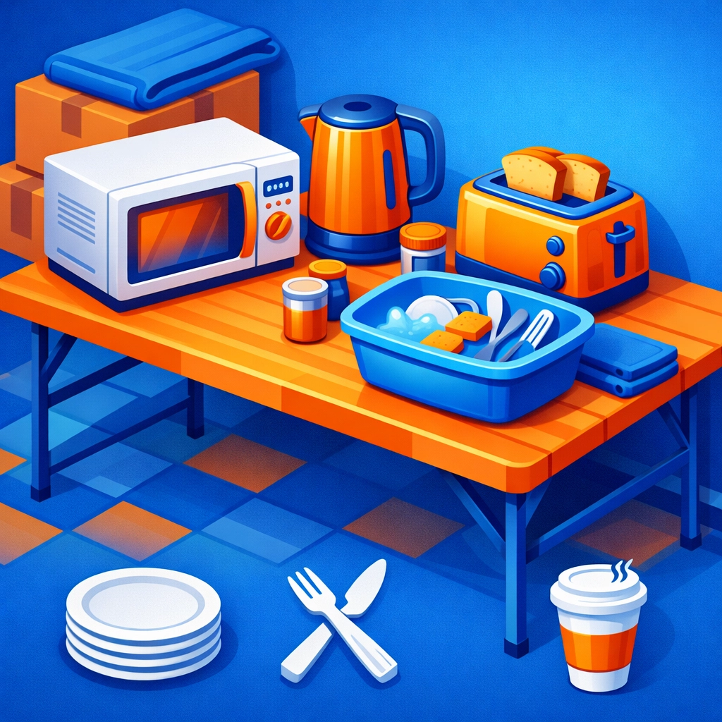 Temporary kitchen setup with microwave and kettle during renovation