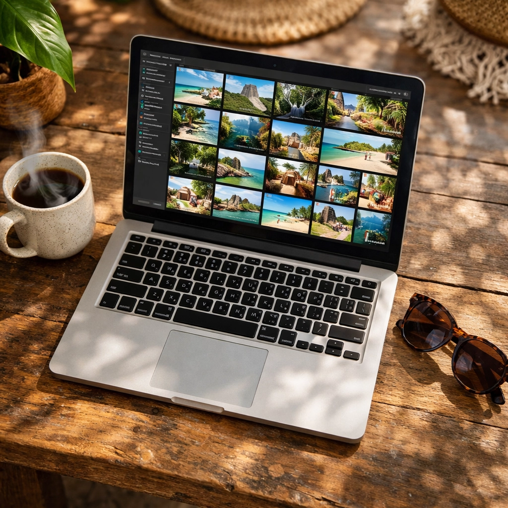 Digital nomad photographer workflow in Tulum featuring travel photo optimization on a laptop.