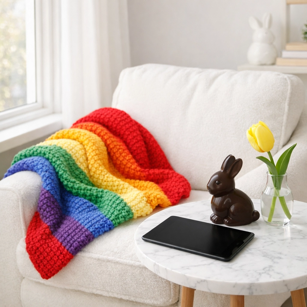 Cozy Easter reading nook with a rainbow blanket, perfect for enjoying new MM romance books.