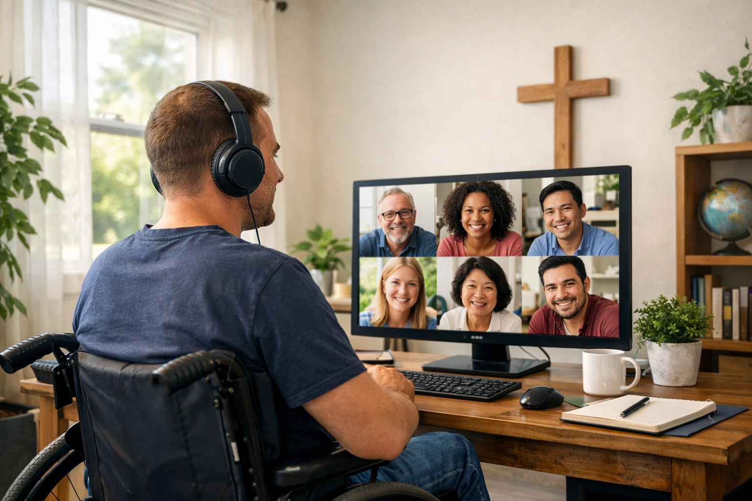 Man with a disability participating in a digital small group prayer meeting from home.